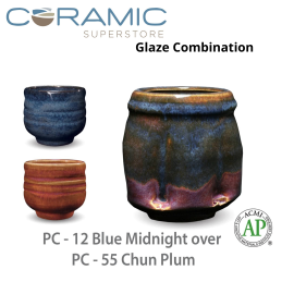 Blue Midnight PC-12 over Chun Plum PC-55 Pottery Cone 5 Glaze Combination